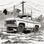 Placeholder: pickup truck , silhouette, comic book, post-apocalypse, white background,