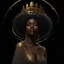 Placeholder: a portrait of a dark-skinned black woman wearing a glittery, golden halo headpiece crown, and a black and gold, flowy, long-sleeved dress. She is crying golden, glittery tears, background is in outer space, filled with stars, forward facing, close shot, photorealistic art