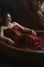 Placeholder: Oil painting A woman lies in a boat and next to her the king reclines and looks at her wearing a dark red dress exposed from above in the ancient era Photorealistic