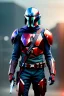Placeholder: Mandalorian anime warrior, portrait from waist up, intricate eyeliner, vibrant eyeshadow, clear completion, soft lighting, 4k resolution, intricate details, insanely detailed, colorful cityscape background, masterpiece, expert, cinematic smooth, retroanime style, realistic details, no helmet