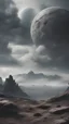 Placeholder: grey cloudy sky, planet in the sky, rocks, mountains, sci-fi, 2000's sci-fi movies influence and influenced by spaghetti westerns