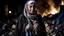 Placeholder: Palestinian old woman wears the keffiyeh , Carrying a small city ,at summer , Destroyed Buildings , with a Explosions, at night