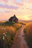 Placeholder: Paint a peaceful countryside at dawn, featuring a small, rustic cottage surrounded by wildflowers. A dirt path leads to the cottage, bordered by tall, golden grasses swaying in the morning breeze. The sky is awash with soft pinks, oranges, and purples as the sun begins to rise. Capture the tranquil mood with delicate brushstrokes and a warm, earthy color palette.