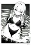 Placeholder: slim girl in a bikini floats in the water, top view, greyscale