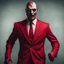 Placeholder: a sinister figure wearing a red suit with a red tie who is missing the skin on his face