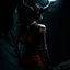 Placeholder: a beautiful tiefling woman with dark hairand tiefling horns in a sleeveless battle outfit, seen from the back, at the edge of a precipice in the dark, ready to jump, photo quality, dark colors