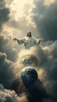 Placeholder: Portrait of Jesus above swirling clouds, emerges from the heart of a raging storm. Turbulent winds of steam swirl around the iconic structure, lit by shafts of sunlight that cast dramatic shadows on the A large planet Earth hovering by over the clouds, another high planet waiting to collapse with planet earth , High quality 16k cinematic scene and great photography