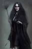 Placeholder: Happy mysterious witch, small nose, with two hands, she puts on thick glasses, she wears a black jacket, she wears high heels shoes, Full body, very long legs, high detail, she holds a stick in her hand, face high details, long hair, stunning realistic photograph