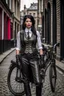 Placeholder: full-height portrait of a woman with straight shoulder-length black hair, with metal arms and legs, dressed in leather trousers, and a waistcoat, in a Victorian street next to a steampunk bike