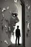 Placeholder: a man looking into a shattered mirror and seeing a horrifying, abstract monstrous reflection