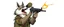 Placeholder: wolf biting legs of sa cared pig general pointing uzi gun up into the air, stupid cartoon, airbrush and pen outline