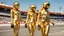 Placeholder: Hyperrealistisch Rollergirls völlig verhüllt von golden glänzendem Ganzkörper-Zentai mit geschlossenem Visier in identischen goldfarbenen, geschlossenen Helmen fahren in Nascar-Steilkurve in Formation parallel nebeneinander und hintereinander mit Rollschuhen