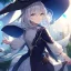 Placeholder: Clear focus, High resolution, medium length hair, white cyan hair, cyan eyes, wearing a witch uniform, Sighing, wearing a medium skirt