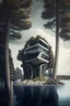 Placeholder: |futurist building on lake shore with trees and rocks