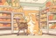 Placeholder: cute contented cat is shopping in a foodstore in sunshine. Food, fruits