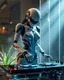 Placeholder: Front view full body standing rendering Beautiful Female as Hybrid mecha robotic DJ Playing DJ Player Turntable chasing clear surfaces it from transparency super clear glass explore inside components nature plants, advance design futuristic sci fi picture,find details,Sony Alpha 7 50mm 1.8,medium shot, high-resolution image with fine details,ultra detailed,ultra realistic,extremely realistic,intricate,photorealistic,epic composition