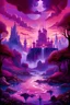 Placeholder: Realm of Pink & Purple" Subtitle: "Enter a World of Magic and Mystery" Design Concept: Create a mesmerizing scene set in a mystical realm bathed in shades of pink and purple. Perhaps a majestic castle floating among cotton candy clouds, or a serene lake reflecting the hues of a twilight sky. Incorporate whimsical elements like cascading waterfalls, enchanted forests, or playful fairies flitting about. Use soft pastel pinks, radiant magentas, and deep royal purples to infuse the design