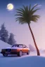 Placeholder: 1980's aesthetic vaporwave palm trees with lighting with moon with audi in the winter snow