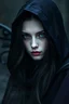 Placeholder: portrait a dark fairy with a pale face, long dark hair, in a dark purple shiny black hooded cloak, suggestive dark deep gaze, impressive, perfect, cold beauty, dark, sad, gothic mood, atmospheric, smoke, high detalied, high realistic, photorealistic