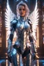 Placeholder: Photography detailed beautiful Angel woman as cyborg in castle, with cybernetic elements on metal armor, neon lights reflections,intricate design and details, dramatic lighting, Cinematic lighting, Volumetric lighting, Epic composition, Photorealism, Bokeh blur, Very high detail,Character design, Unreal Engine, Octane render, HDR, Subsurface scattering