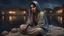 Placeholder: Hyper Realistic closeup-view of a Sad-Young-Beautiful-Pashto-Woman sitting on a stone riverside at dark-village-night