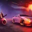 Placeholder: cyberpunk,landscape ,cars , GUITARS, cinamatic, highly detailed, close up, 4k , deep colours, gold , fire , red, purple,dark ,etheral , utopia , apocalypse, flying Cadillac, from outer space