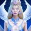 Placeholder: portrait of a beautiful mongolian woman with an angel face smiling,long blond hair, blue eyes, pink and blue dress, jewels, soft light aura