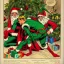 Placeholder: two elves. woman and man. Christmas scene. poster. marvel comic. low-key