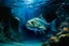 Placeholder: A blue underwater abyss with angler fish painted by Édouard Manet