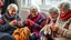 Placeholder: Elderly pensioners knitting colorful jumpers, gloves, scarves, and socks from wool. Everyone is happy. Photographic quality and detail, award-winning image, beautiful composition.