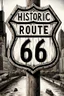Placeholder: A detailed black and white illustration depicts a vintage wooden Historic Route 66 sign in the foreground, angled towards the left. The sign's design features a distressed brown frame with a white shield in the center, boldly displaying "HISTORIC ROUTE" in black text above large, stylized "66" numbers. The background showcases a bustling city skyline with numerous tall buildings, including the prominent Willis Tower, all rendered in shades of grey and white. A river flows through the scene, refl