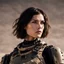 Placeholder: beautiful sexy caucasian female soldier, black metal body and limbs, visible cybernetic limbs, scratched sand camo, no armor, short brunette wavy bob haircut, dystopian, desert scene