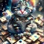 Placeholder: Adorable Cute little Harlequin cat patchwork art by cameron gray epic poster, Hyper realistic cat clown. sits on a pile of fish bones watercolor painting, Jean-Baptiste Monge style, bright, beautiful in spring, splash, big perfect eyes, rim lighting, lights, magic, fantasy, digital art, wlop, artgerm and james jean Modifiers: 8k cinematic lighting photorealistic 4K 3D crisp quality hdr Ultra realistic Gian Lorenzo Bernini Geometric and cubist