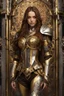 Placeholder: Photography,very beautiful girl,full body,looking front view,brown long hair, mechanical,delicate gold,silver metalic parts, golden parts, intricate armor, detailed part,Movie Still