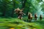 Placeholder: motion blur fast running caped long haired pixie Quickling - Forgotten Realms dodging fire above water and along winding branches in lush green forest along speeding horses , bokeh like f/0.8, tilt-shift lens 8k, high detail, smooth render, down-light, unreal engine, prize winning