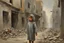 Placeholder: Grey sky, crying little palestinian girl wearing kuffeah , rocks, destroyed buildings , 80's sci-fi movies influence, friedrich eckenfelder and willem maris impressionism paintings