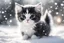 Placeholder: black and white chibi kitten in the snow, under the snow , heart and love in the sunshine, watercolor and black ink outlines, sparkling golden glitter, ethereal, cinematic postprocessing, bokeh, dof