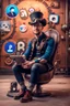 Placeholder: create Disny Pixar photo of a man sitting on a logo chair of a social media logo "instagramm". wearing Steampunk clothes. The background is mockup of hertiktok profile page with a profile name "InkThredArt" and a profile picture same as character. soft reflection on the ground