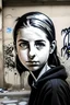 Placeholder: young woman en face looking toward camera banksy