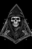 Placeholder: finko skeleton in a black hooded cloak drawn in a retro mascot cartoon style, inside a light diamond shape on a black background, monochromatic