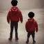 Placeholder: photo from behind, only Distant Japanese child boy, black hair, sitting on floor with back to back, red akira jacket, extremely detailed, extremely realistic