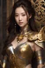Placeholder: Half body Photography,very beautiful Modeling Chinese Woman,full body,looking front view,brown long hair, mechanical,delicate gold,silver metalic parts, golden parts, intricate armor, detailed part,Movie Still
