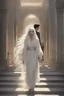 Placeholder: Woman with white hair wearing a white dress, walking down a sunlit stone hall, AND a handsome man in the background lurking in the shadows with long black hair