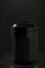 Placeholder: black container, plastic, realism, with screw lid, no labels, round container, view from the front, protein powder, dark studio setting, black background, large container