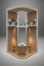 Placeholder: Corner exhibition stand in light colors with wood elements with two meeting areas