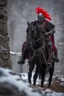 Placeholder: portrait of black knight using no armor, on semi transparent horse with red feather on stone bridge in mountain pass in snowy forest,shot on Hasselblad h6d-400c, zeiss prime lens, bokeh like f/0.8, tilt-shift lens 8k, high detail, smooth render, down-light, unreal engine, prize winning