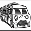 Placeholder: isometric rigid smiling bus with eyes by jim woodring in cartoon style