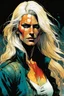 Placeholder: create an imaginative full body print illustration of an ethereal, otherworldly haggard, scarred, and grim, flaxen haired female Witcher , in the comic book art style of Bill Sienkiewicz, Mike Mignola, and Jean Giraud Moebius, with highly detailed feminine facial features , finely drawn, colored and inked,