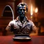 Placeholder: bronze bust of ghostbuster, ancient, magic,on dark wooden piano with drinking glass,compass,brilliance, candle, dark figure in background, movie poster