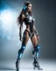 Placeholder: Beautiful woman super model brown long hair science fiction style humanoid half with full body cyborg mechanicals and cybernetics lights wearing headphones,she on standing sweet pose